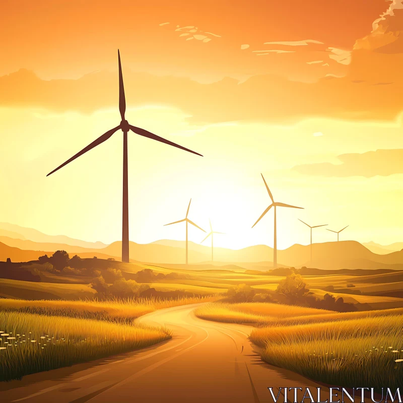 AI ART Golden Field with Wind Turbines