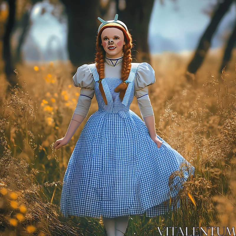 Plaid Dress Girl in Golden Field AI Image