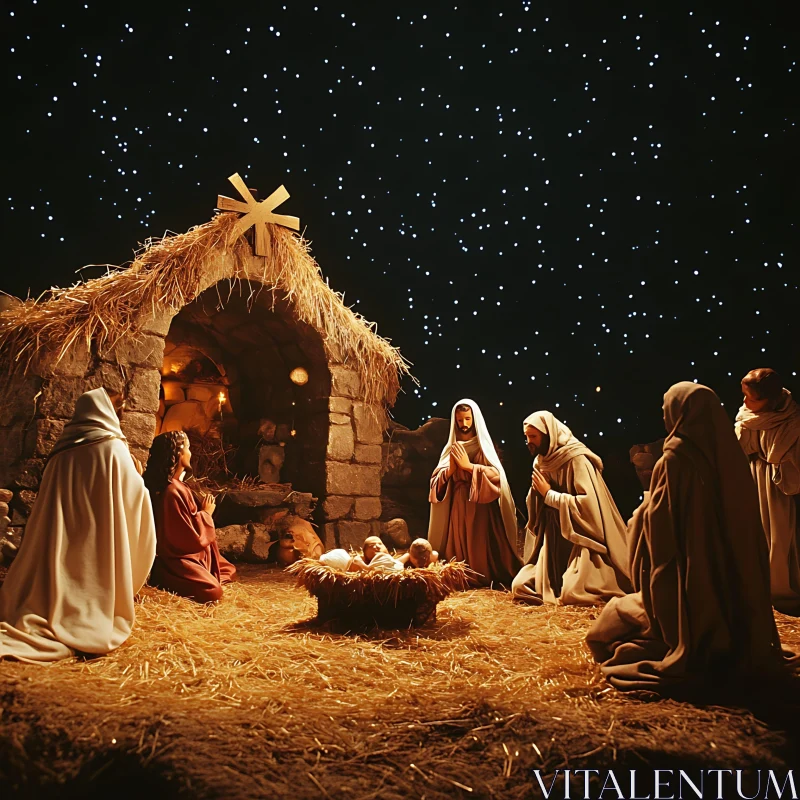 Biblical Nativity Scene with Starry Sky AI Image