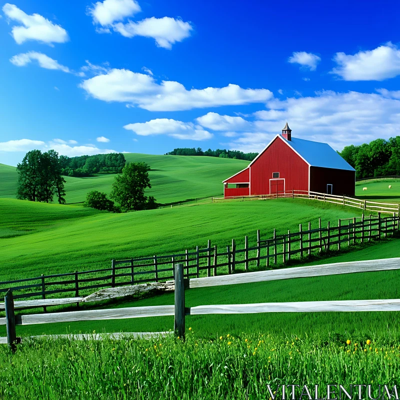 Rural Landscape with Red Barn and Green Pastures AI Image