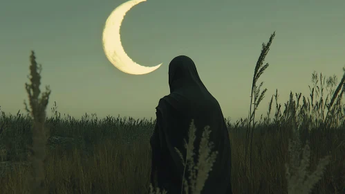 Mysterious Silhouette Under Crescent Moon