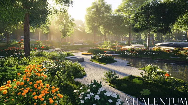 Peaceful Garden Landscape with Floral Beauty AI Image