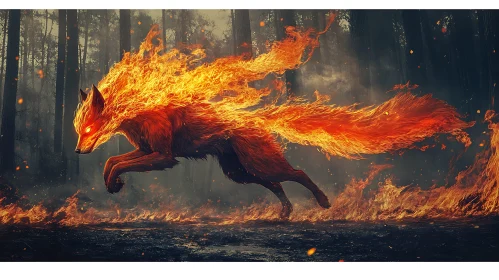 Fox on Fire in the Woods