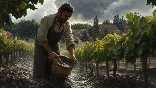 Man Harvesting Grapes During Rainfall