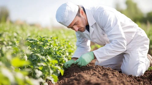 Man Examining Plants in Agriculture Field