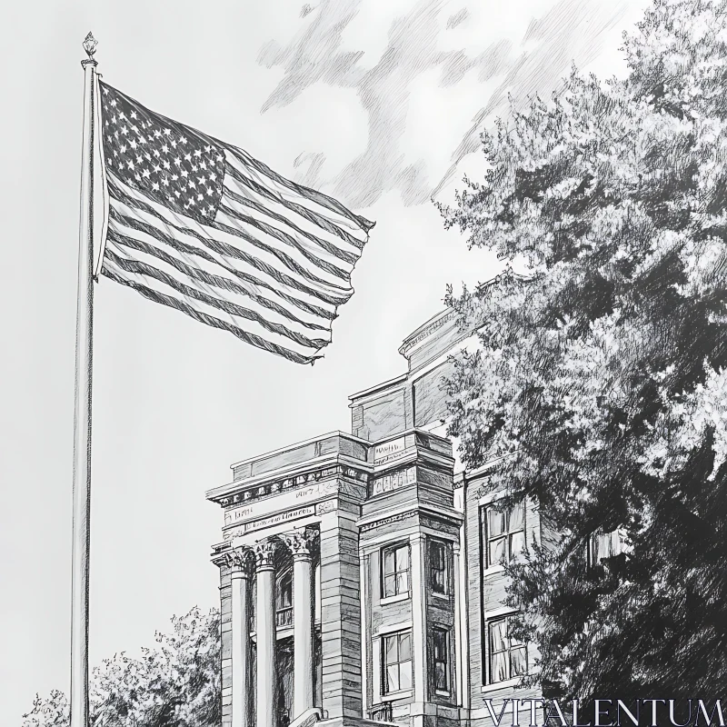 American Flag and Classical Building Sketch AI Image