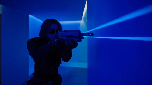 Woman Aiming Gun in Neon Blue Setting