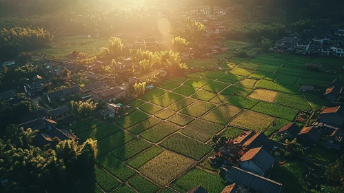 Aerial Serenity: Rice Fields and Village