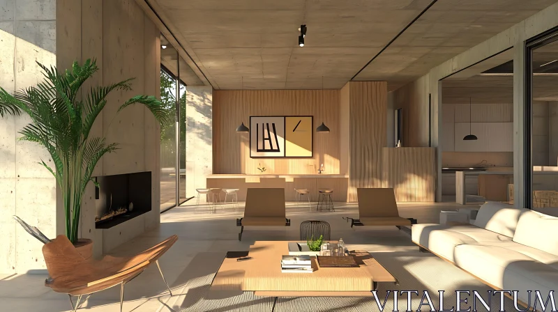 Sunlit Modern Interior with Wooden Accents AI Image