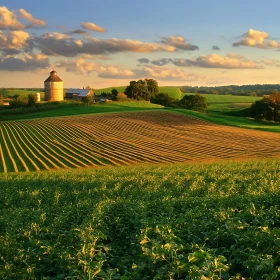 Rural Farmland Scenery with Crops and Silo