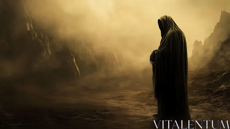 Mysterious Cloaked Figure in Foggy Wasteland AI Image