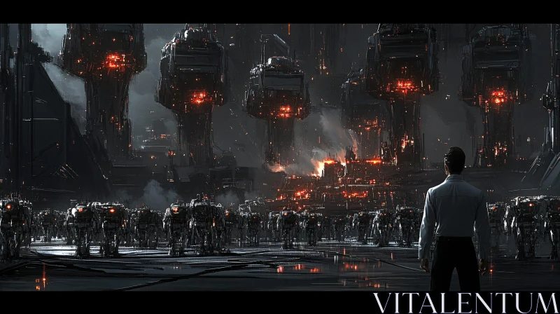 AI ART Man Facing Robot Army in Cyberpunk City