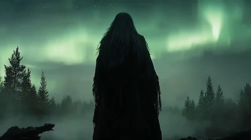 Silhouette in Misty Forest Night