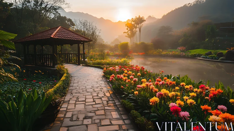 Garden with flowers and sunrise AI Image