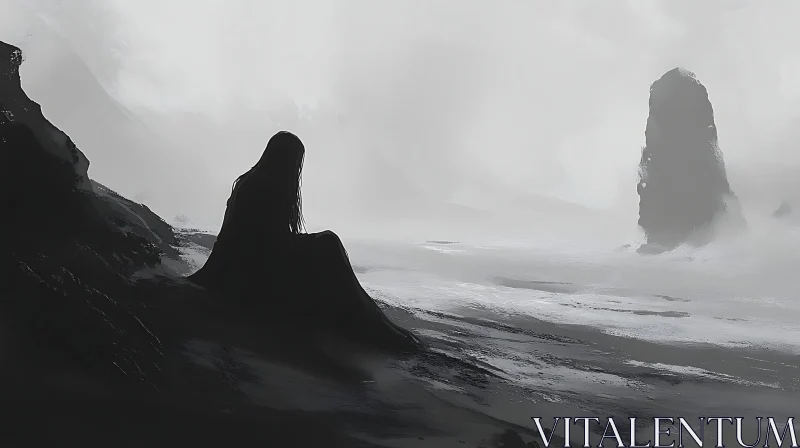 AI ART Monochrome Seascape with Seated Figure