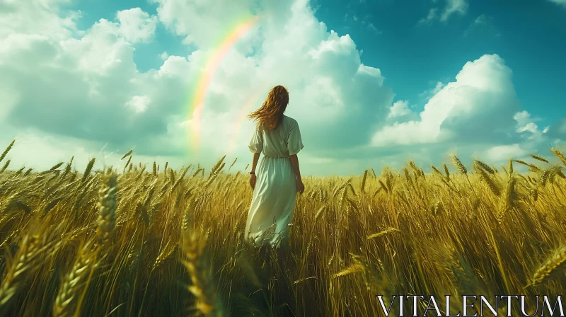 AI ART Girl in Field with Rainbow Sky