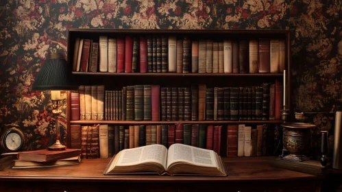 Antique Books and Lamp in Cozy Study