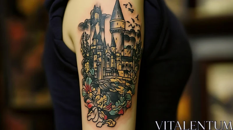 Arm Tattoo with Castle and Flowers AI Image