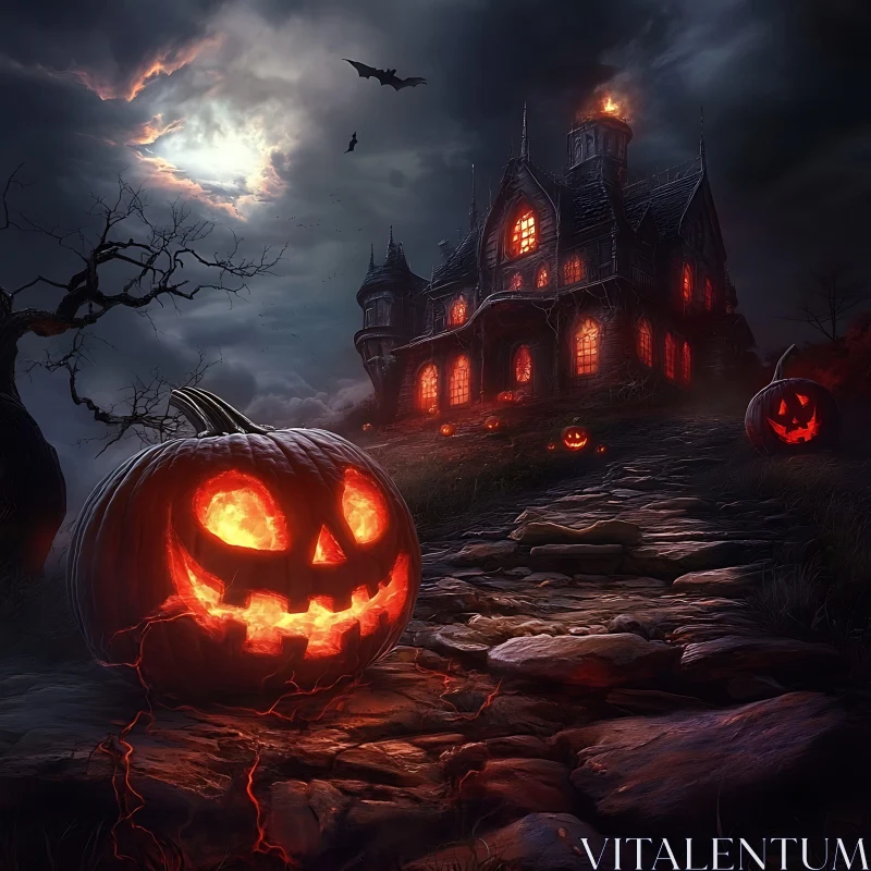 Spooky Pumpkin at the Haunted House AI Image