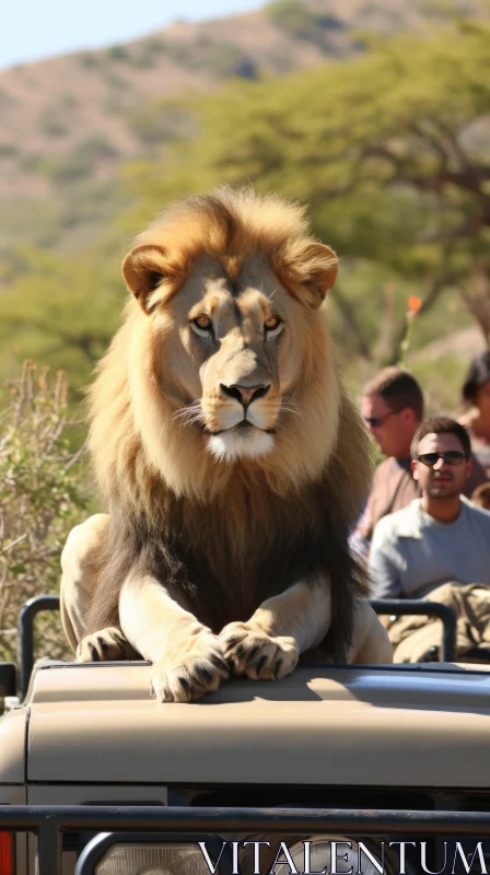 Captivating Lion on Car: A Majestic Display of Distinct Facial Features AI Image