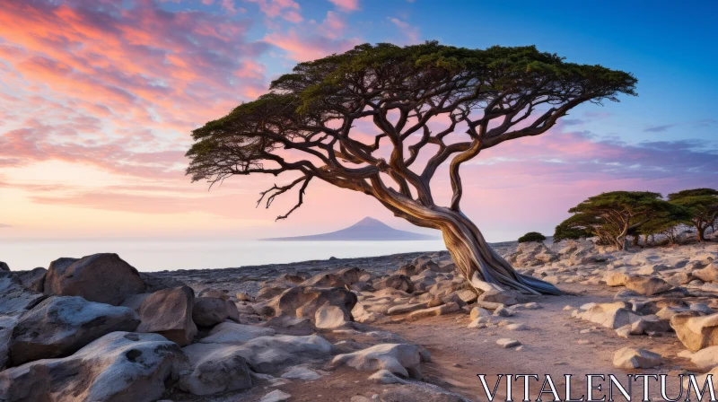 AI ART Captivating Sunrise: A Lone Tree on Rocky Terrain