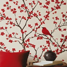 Crimson Bird Among Floral Branches