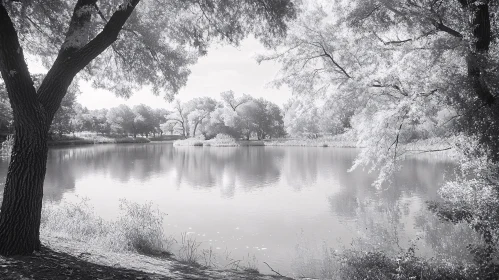 Peaceful Lakeside Scenery in Monochrome