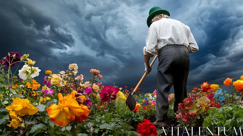 Blooming Garden Under Threatening Skies AI Image