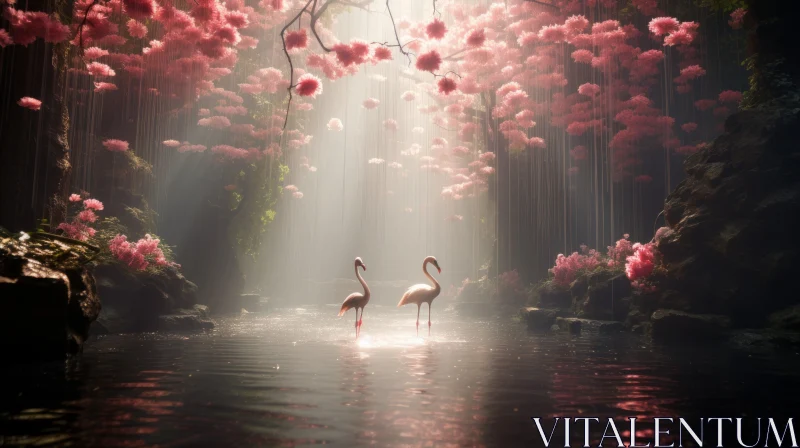 Ethereal Flamingos amidst Romantic Traditional Landscapes AI Image