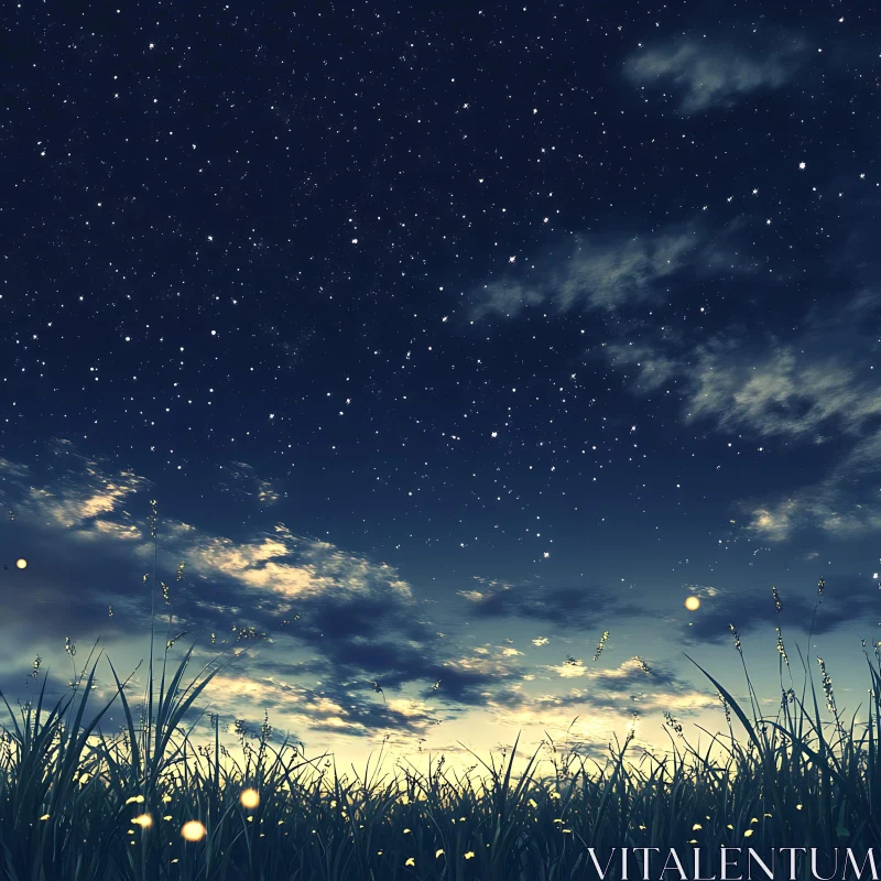 Night Sky and Glowing Meadow AI Image