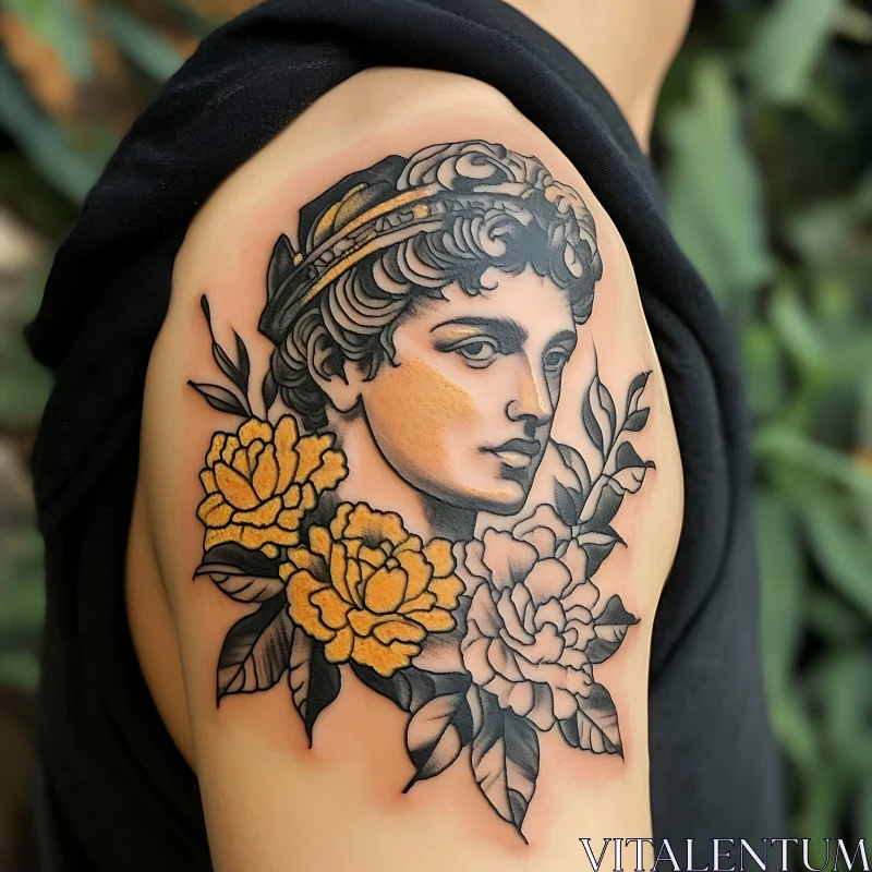 Classical Greek Portrait Tattoo with Floral Elements AI Image