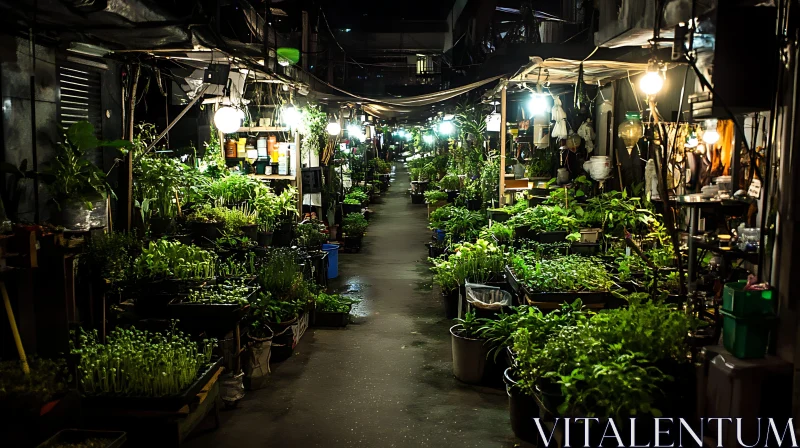 Illuminated Greenery: Night Market Scene AI Image