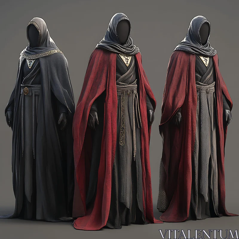 Cloaked Figures in Grey and Crimson Attire AI Image