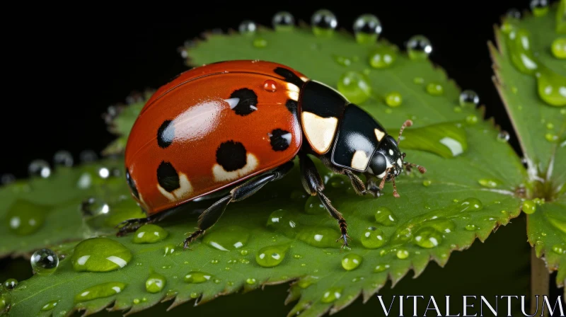Intricate Ladybug on Leaf with Water Droplets AI Image