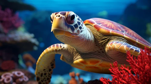 Sea Turtle Swimming Among Colorful Coral - Photorealistic Art