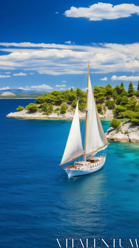 Tranquil Sail Boat in Blue Waters | Romantic Landscapes AI Image