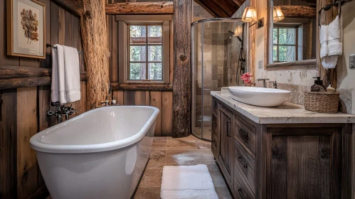 Cozy Bathroom with Wooden Walls and White Tub