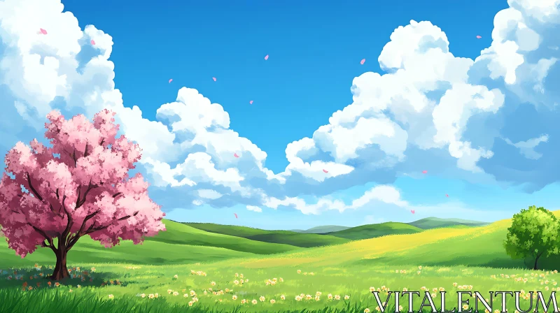 AI ART Pink Blossom Tree in Green Field