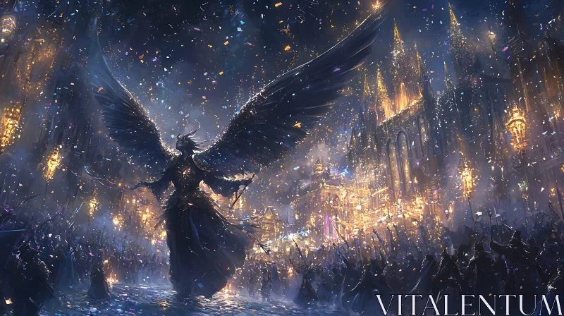 Winged Figure in Celebratory Gathering AI Image