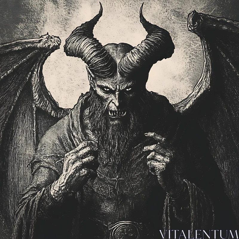 AI ART Monochrome Demon with Horns and Wings