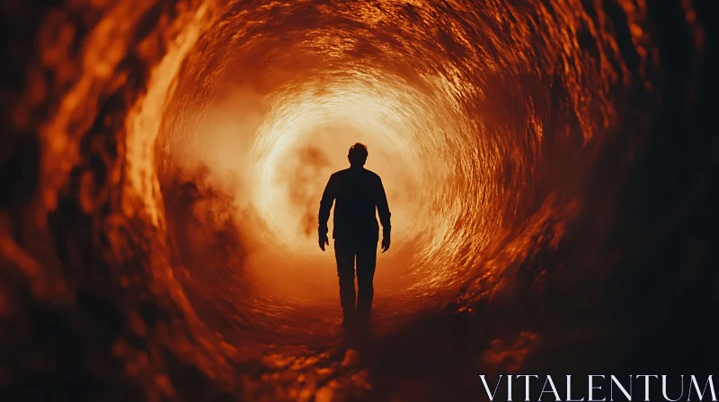 Person Silhouette in Abstract Tunnel of Fire AI Image