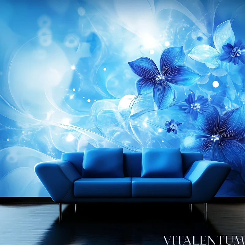 AI ART Blue Sofa with Floral Backdrop