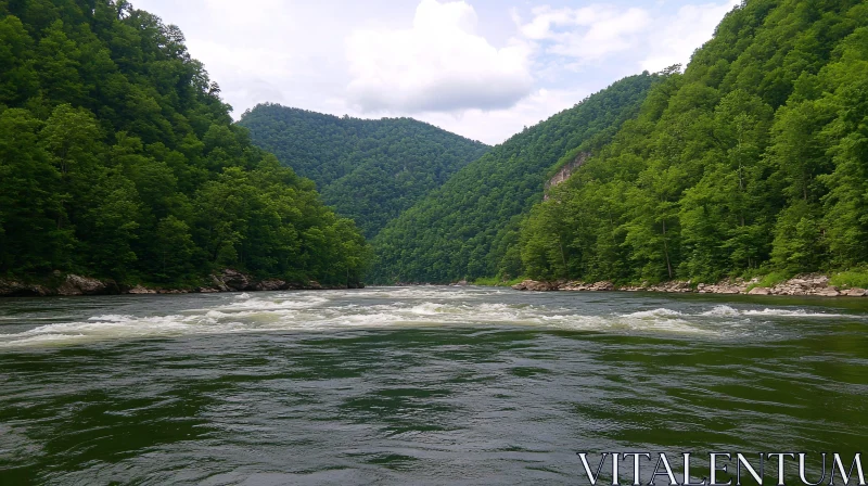 AI ART Tranquil River Amidst Green Forested Hills