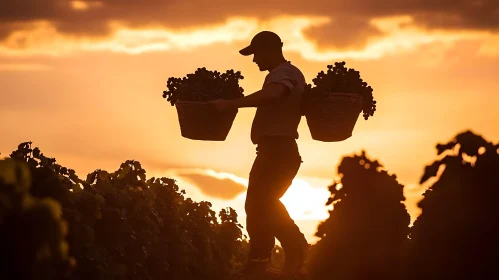 Silhouette of Grape Harvester at Dusk