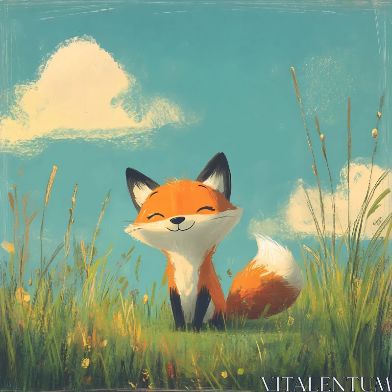 Smiling Fox in Grassy Field Artwork AI Image