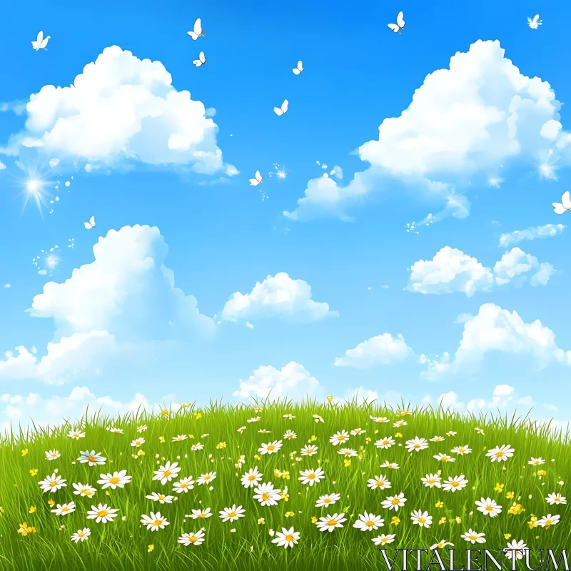 AI ART White Flowers and Blue Sky Landscape