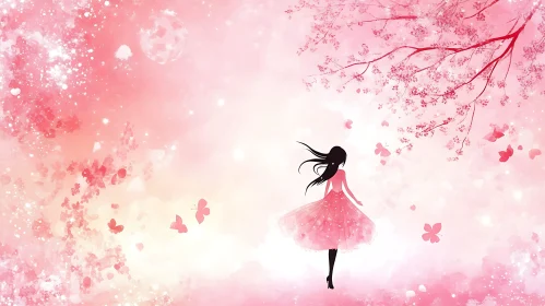 Pink Anime Dreamscape with Girl Silhouette