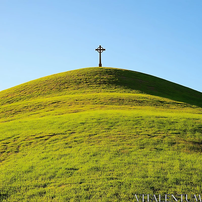 AI ART Green Hill with Cross on Top