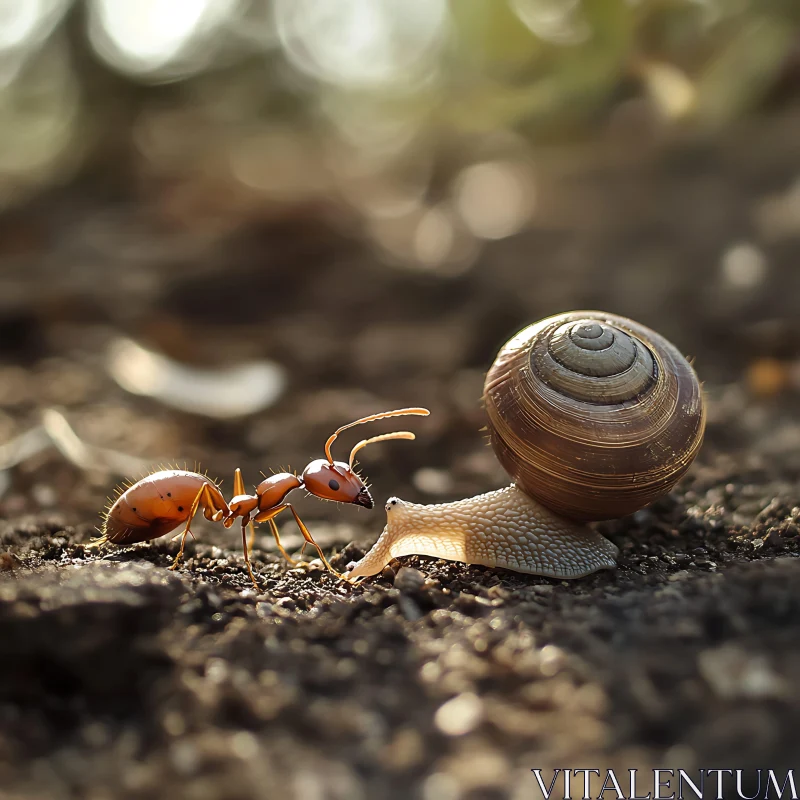 Close-Up of Ant and Snail in Natural Habitat AI Image