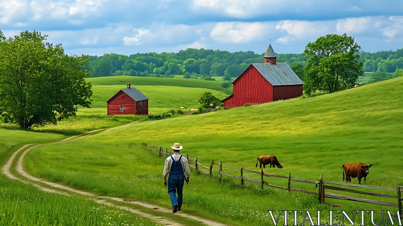 Farmer's Walk in Green Landscape AI Image